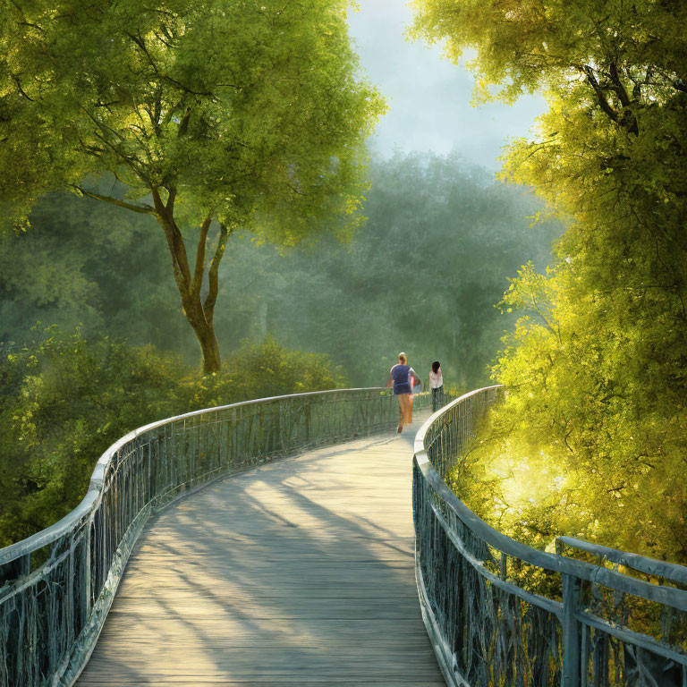 Curved pathway with metal railing in lush park with two people walking