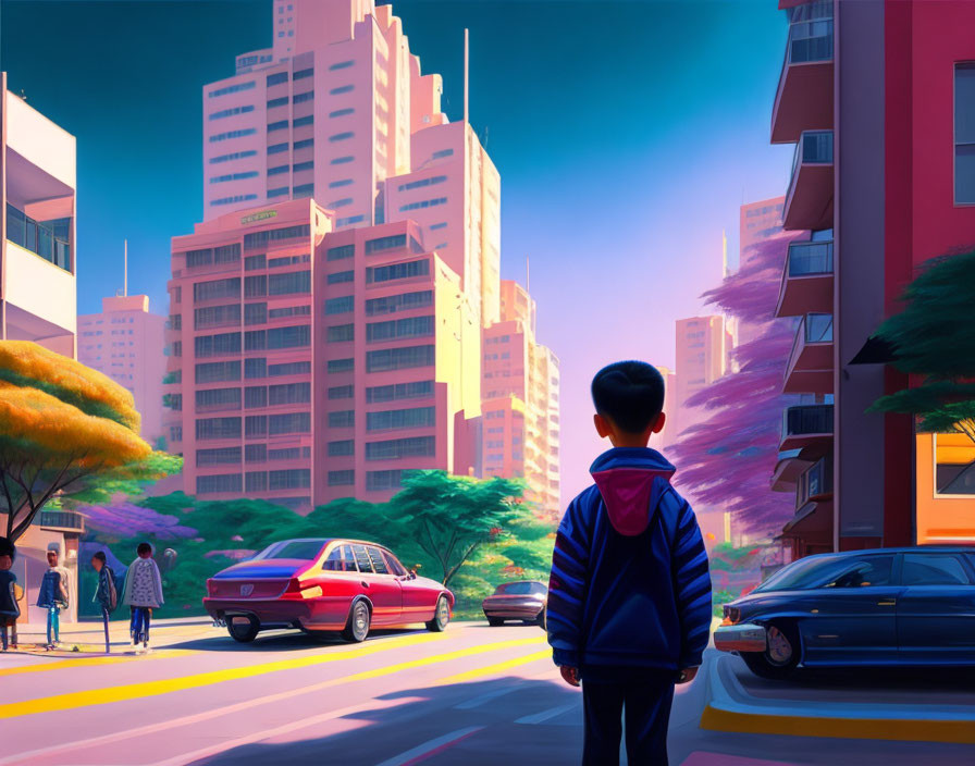 Boy in colorful cityscape with skyscrapers, pedestrians, vintage cars.