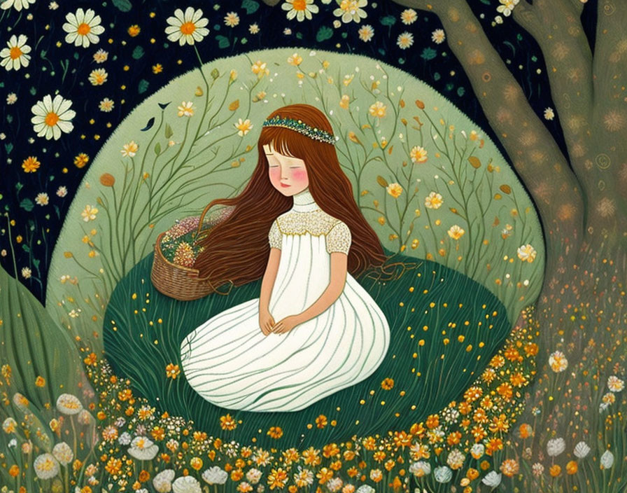 Girl with Long Brown Hair in White Dress Sitting in Meadow at Night