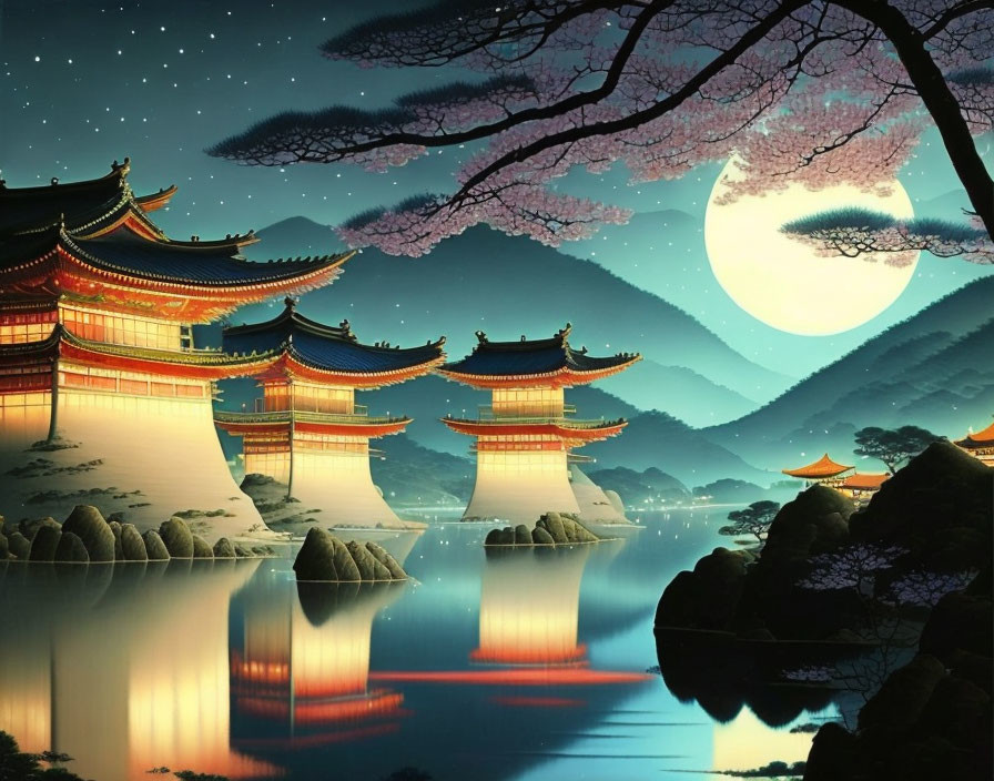 Moonlit Asian Palaces Reflecting in Lake with Cherry Blossoms