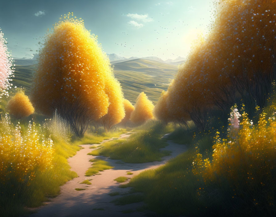 Tranquil landscape with winding path through glowing yellow trees