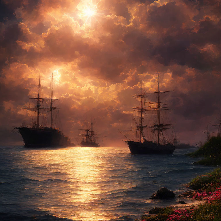 Sunset seascape with tall ships sailing on calm waters and flower-lined shore.