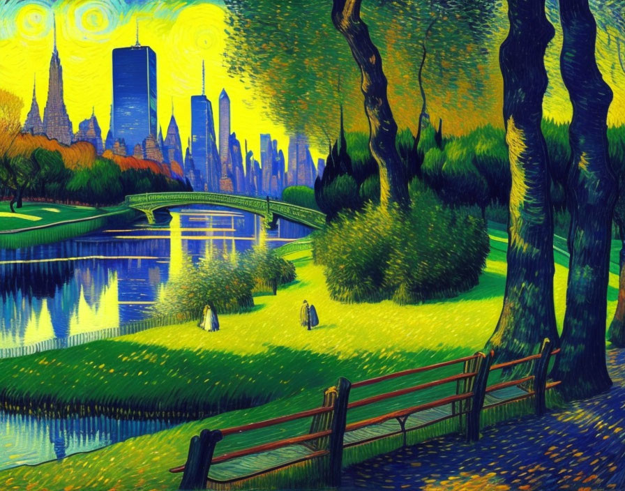 Serene park painting with bridge, skyscrapers, and starry sky