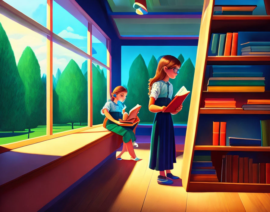 Two girls reading books by a large window overlooking green trees and blue sky in a sunlit room