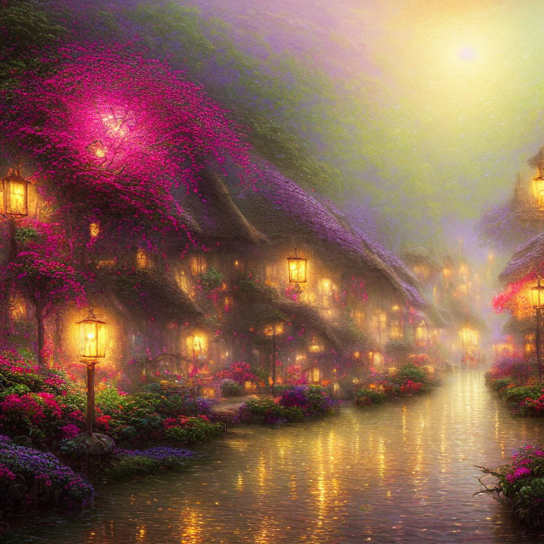 Enchanted village with thatched cottages and purple flowers in misty setting.
