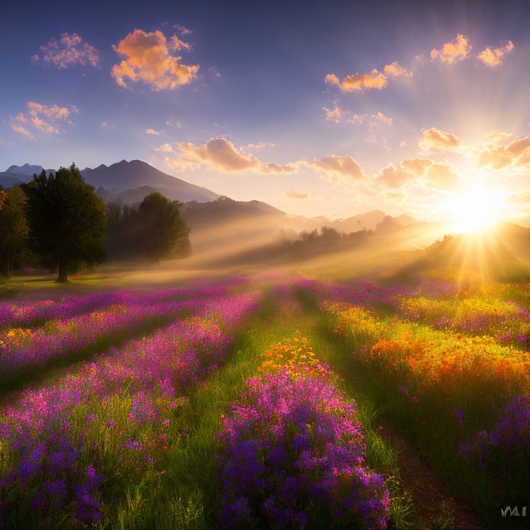 Vibrant sunrise over purple flower field with mist and mountains