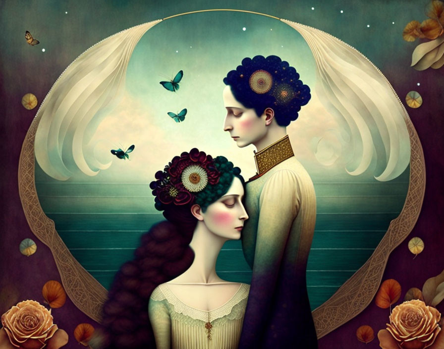 Victorian style couple with butterflies and roses in surreal artwork