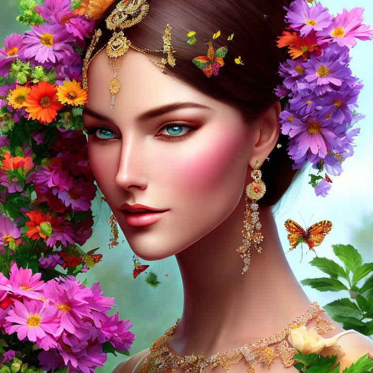 Digital artwork: Woman with floral and butterfly motifs