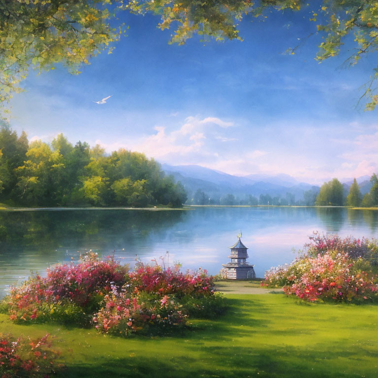 Tranquil lakeside landscape with gazebo, flowers, trees, mountains, sky, and bird