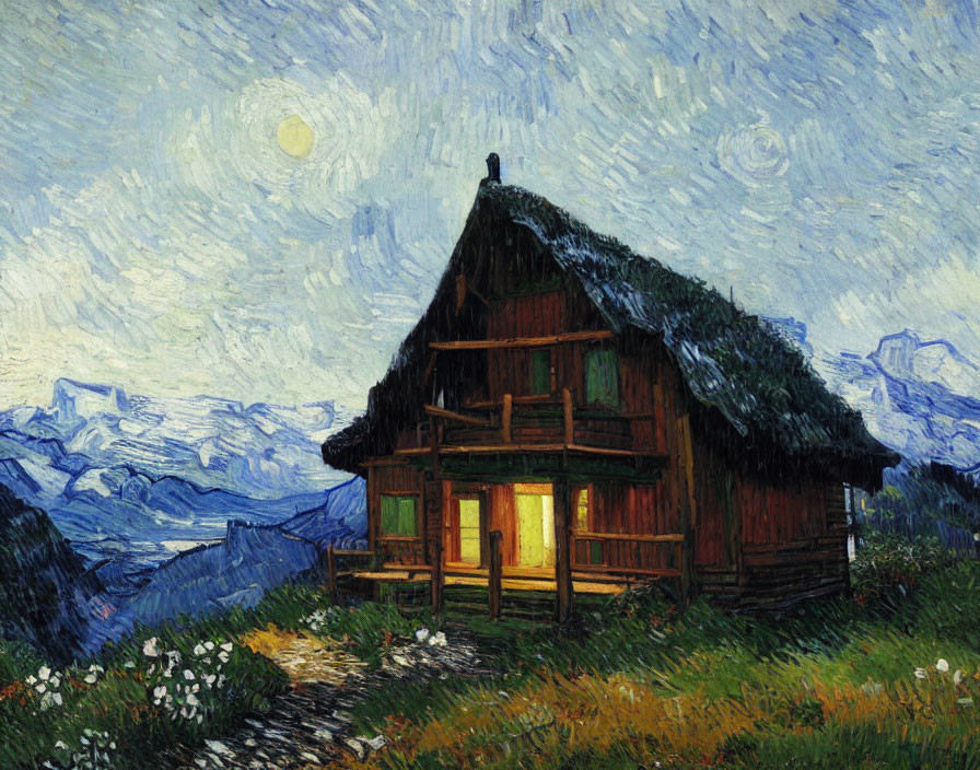 Moonlit hut painting with swirl-patterned sky and snow-capped mountains