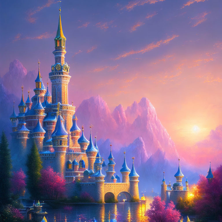 Enchanting fairytale castle in magical sunset landscape