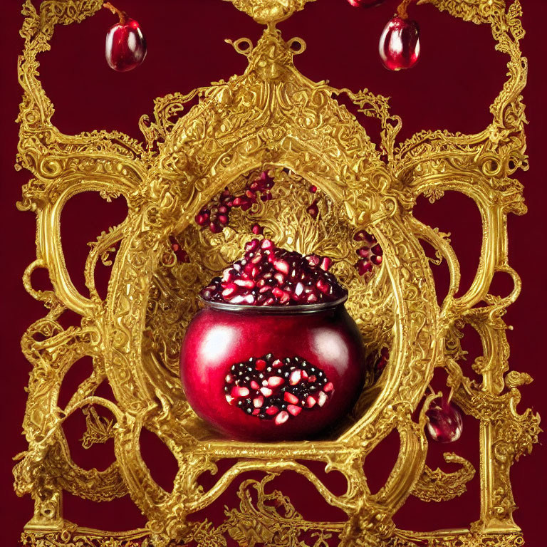 Golden Frame Surrounds Red Pomegranate in Ornate Setting