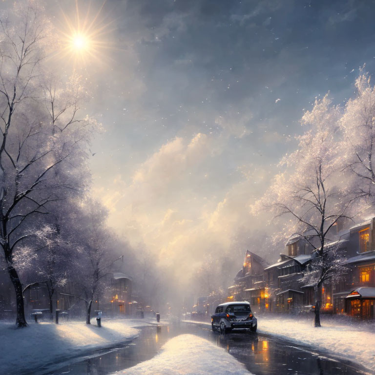 Snowy Street at Dusk: Illuminated Buildings, Bare Trees, Solitary Car