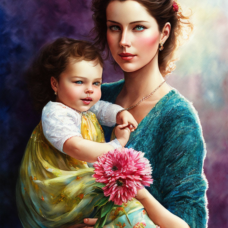 Portrait of woman and child in blue and yellow dresses with pink flower
