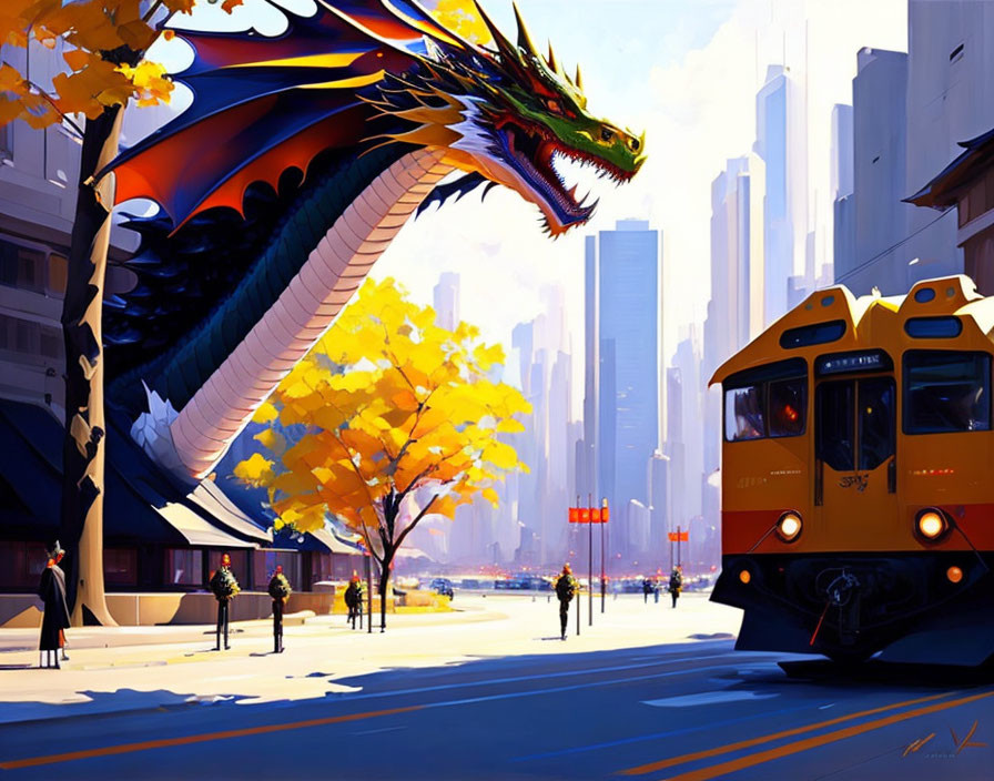 Colorful dragon flying over urban street with autumn trees and yellow tram.