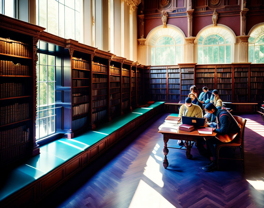 Students studying in grand library with tall windows and shelves filled with books