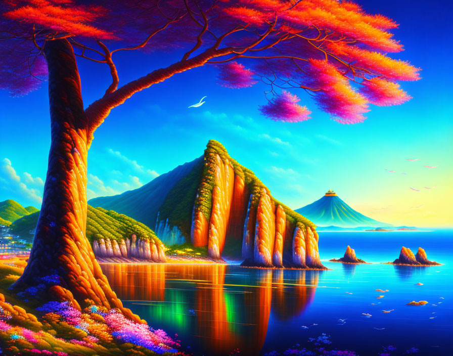 Scenic landscape with fiery trees, cliffs, ocean, mountains, and birds