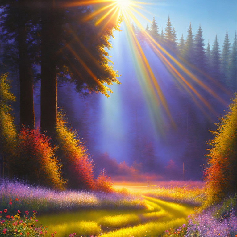 Lush Forest Scene with Sunbeams and Wildflowers