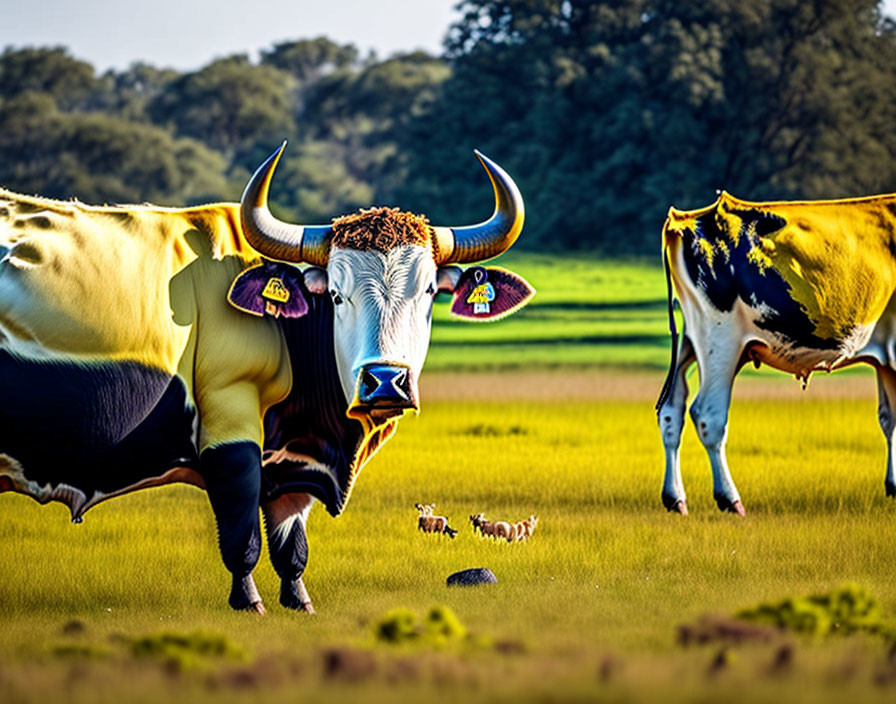 Digitally altered image: Cows with oversized human bodies in a field