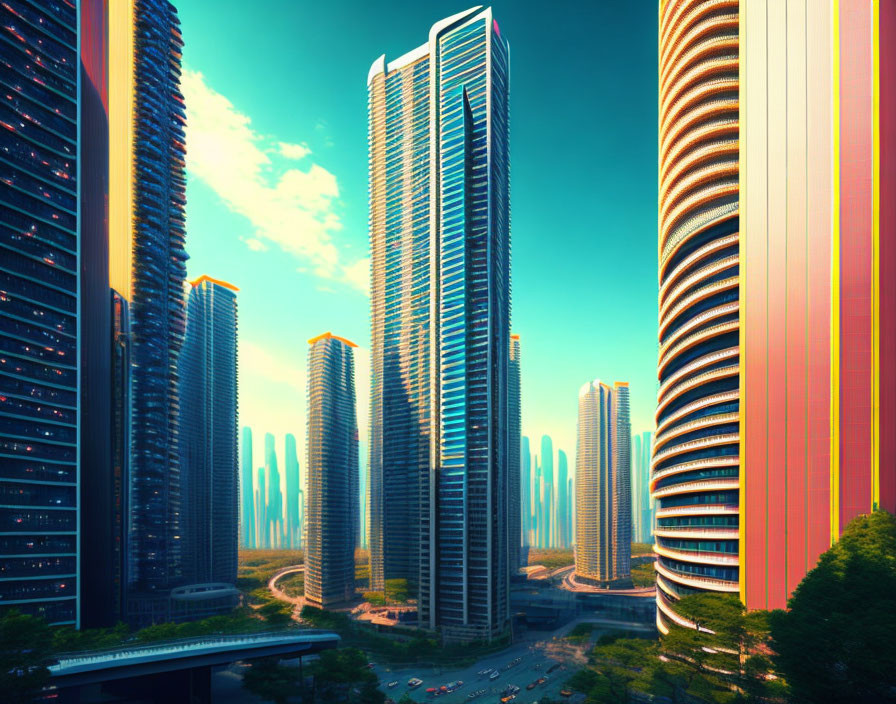 Futuristic cityscape with sleek skyscrapers and lush greenery