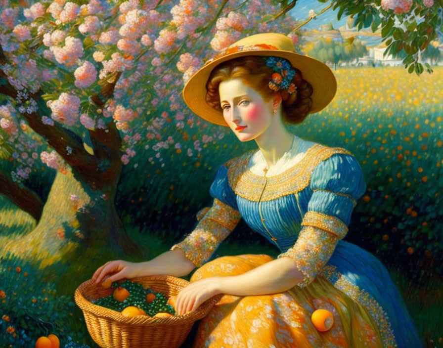 Woman in Blue Dress with Oranges in Orchard on Sunny Day