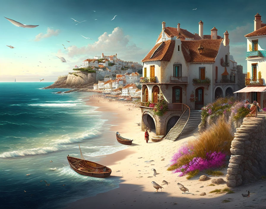Scenic coastal village with sandy beach, traditional houses, boat, cliffs, and clear sky.
