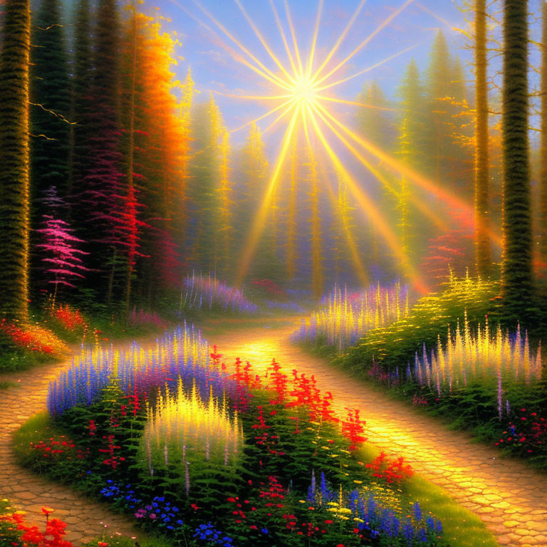 Colorful Flower-Lined Forest Path Under Radiant Sun
