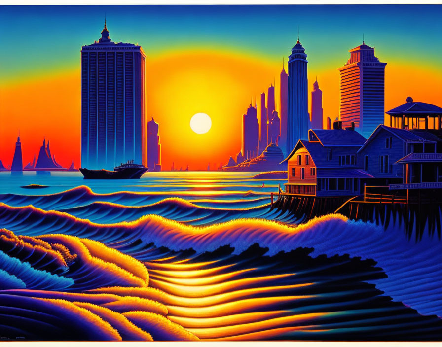 Colorful sunset illustration over cityscape with rippling waves and sailing boats.