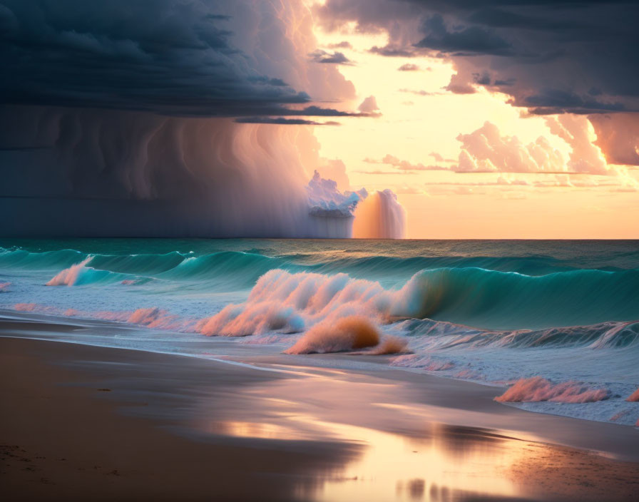 Vibrant beach sunset with crashing waves and distant rain squall