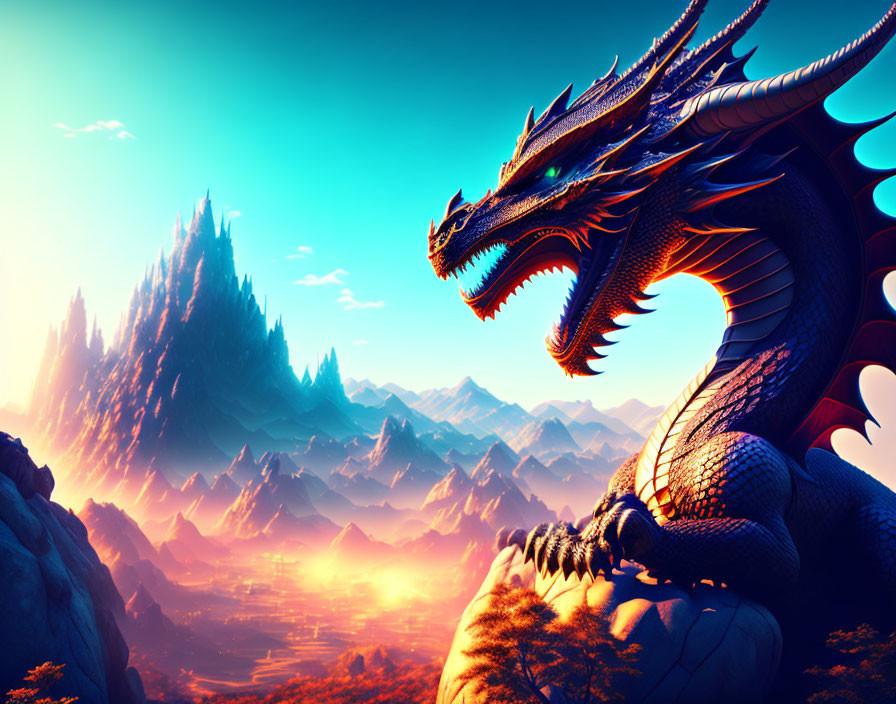 Majestic dragon on cliff in mystical landscape