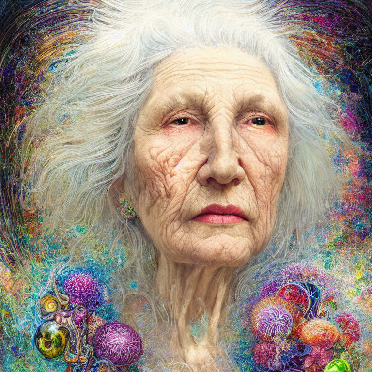 Elder woman portrait with surreal swirls and organic shapes