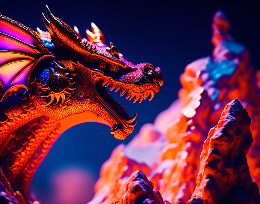 Detailed Dragon Statue Against Moody Fantasy Backdrop