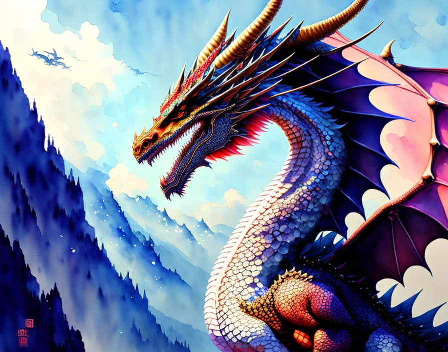 Colorful Dragon with Red Hues in Misty Mountain Landscape