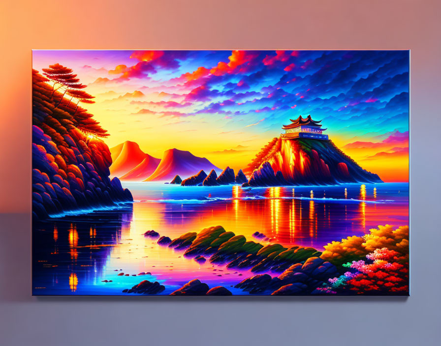 Traditional Asian pagoda painting at sunset with colorful clouds, serene water, mountains, and blooming flowers