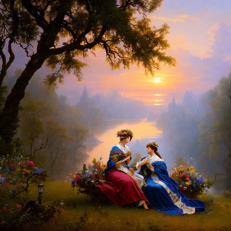 Two women in historical dresses by river at sunset with castle and flowers.