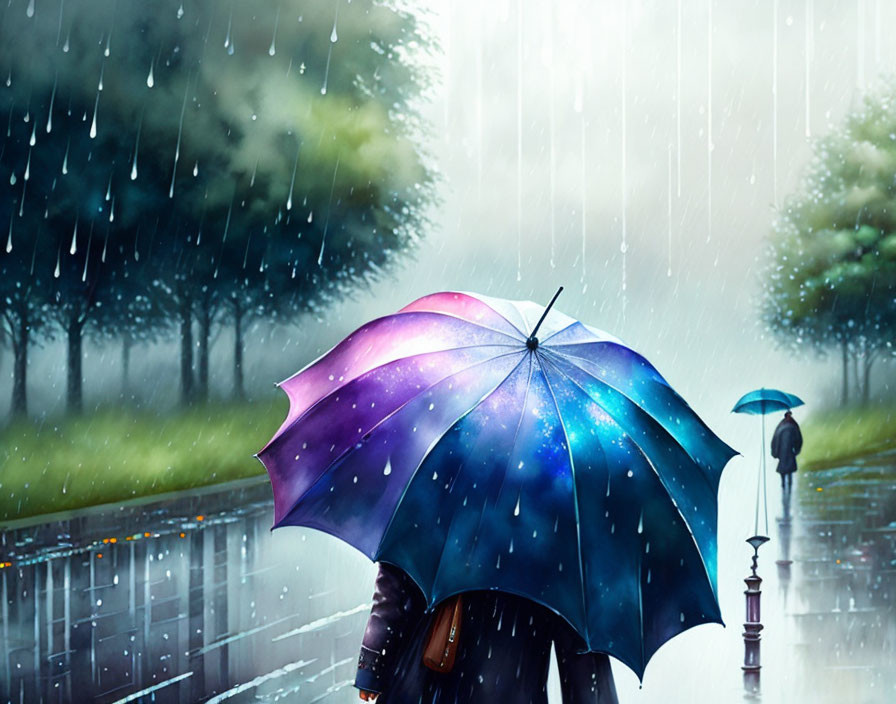 Colorful umbrella walking in rain shower with distant figure