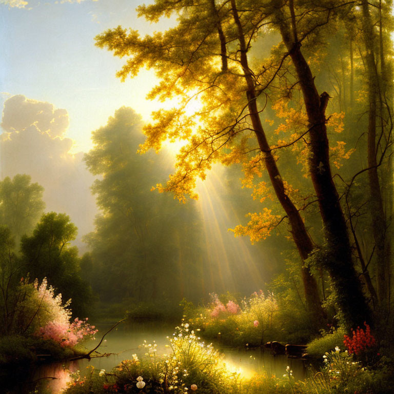 Tranquil forest scene with sunlight, vibrant flowers, and serene river