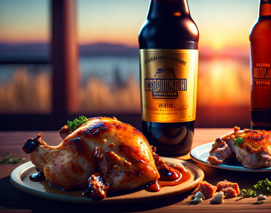 Roasted Chicken with Glaze on Wooden Plate Next to Beer Bottles