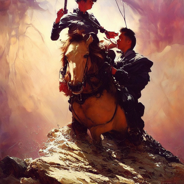 Two individuals on horseback in rocky terrain with one wielding a sword.