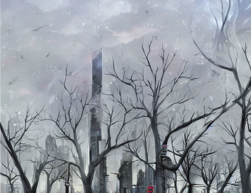 Barren trees and misty skyscrapers in a dystopian cityscape