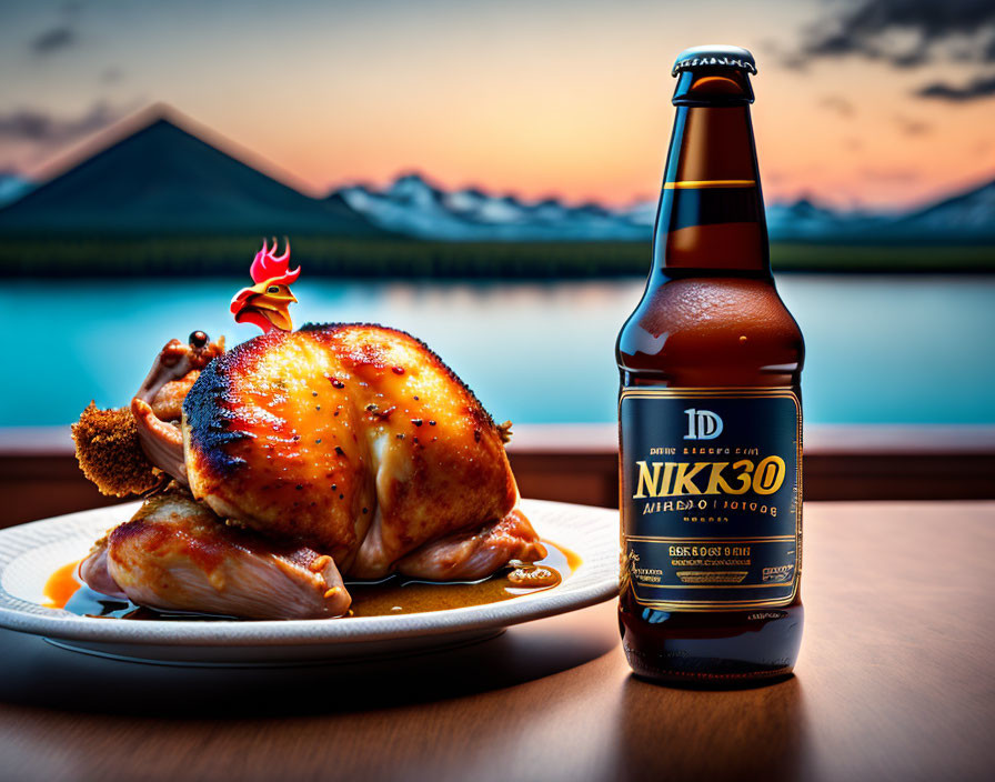 Roasted chicken and beer with scenic sunset view.