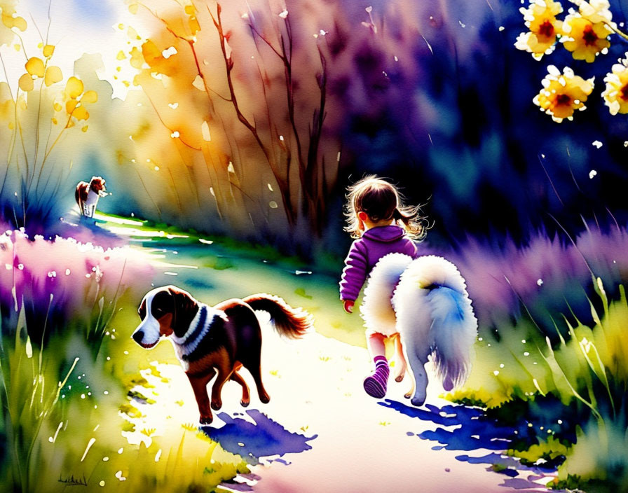 Colorful painting of child and dogs on sunlit path among flowers and trees