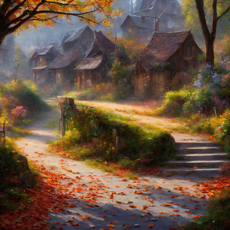 Tranquil Autumn Village Path with Misty Houses & Vibrant Foliage