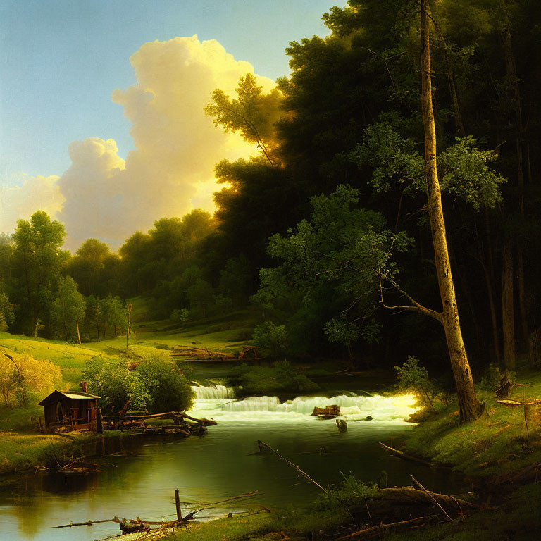 Tranquil landscape with river, waterfall, trees, clouds, and wooden hut