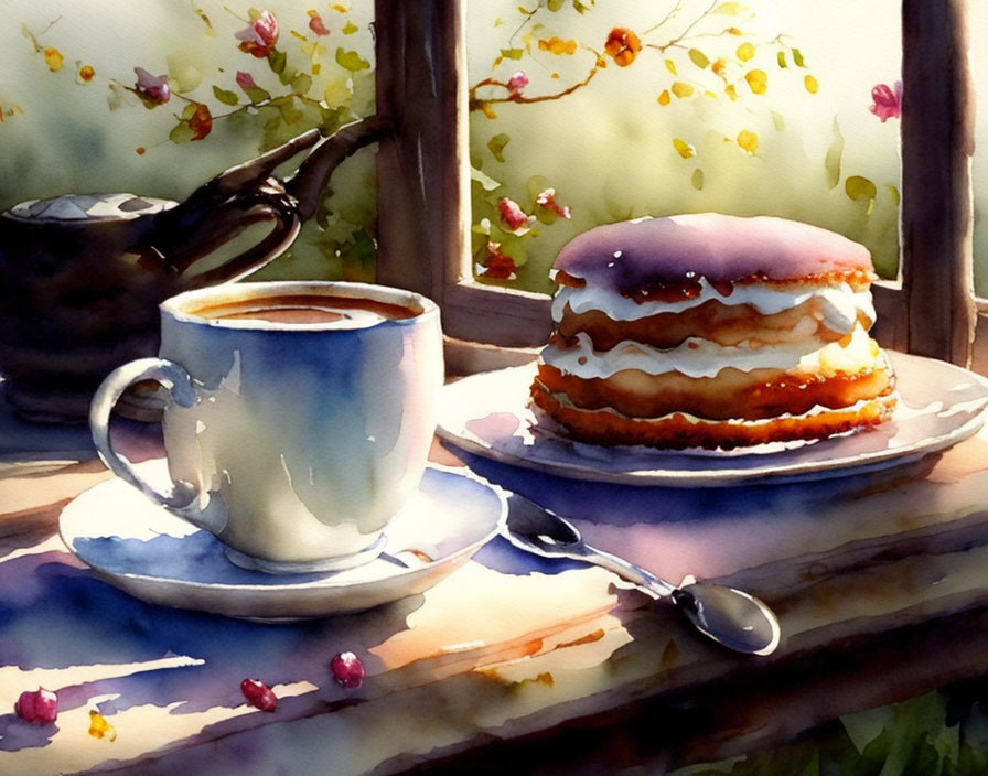 Watercolor painting of coffee cup and cake on saucer with sunlight and greenery.