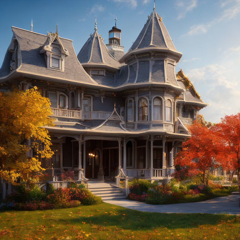 Victorian-style Mansion with Tower and Wrap-around Porch in Autumn Setting