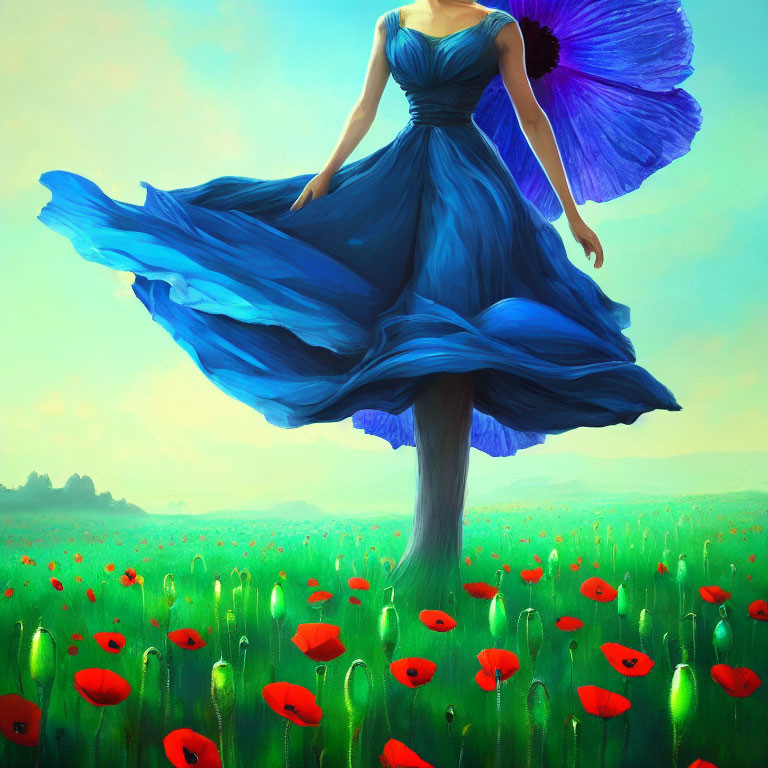 Surreal image of woman in blue dress merging with giant violet flower amid red poppies