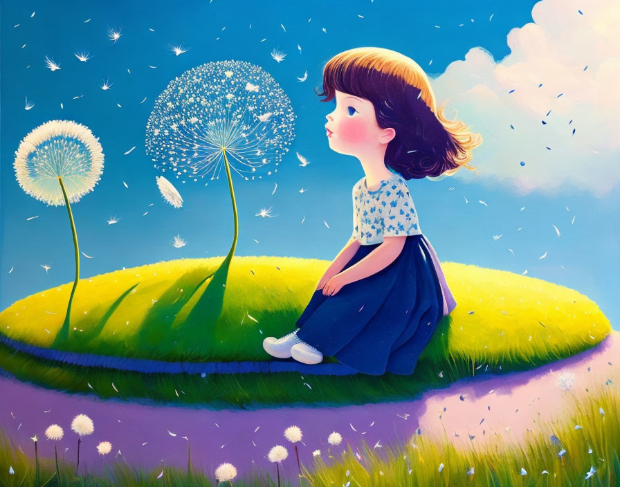 Young girl admiring dandelion on grassy knoll under blue sky