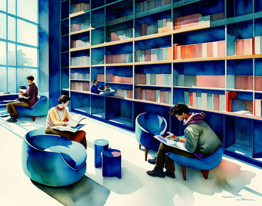 Colorful Watercolor Illustration of People Reading in Modern Library