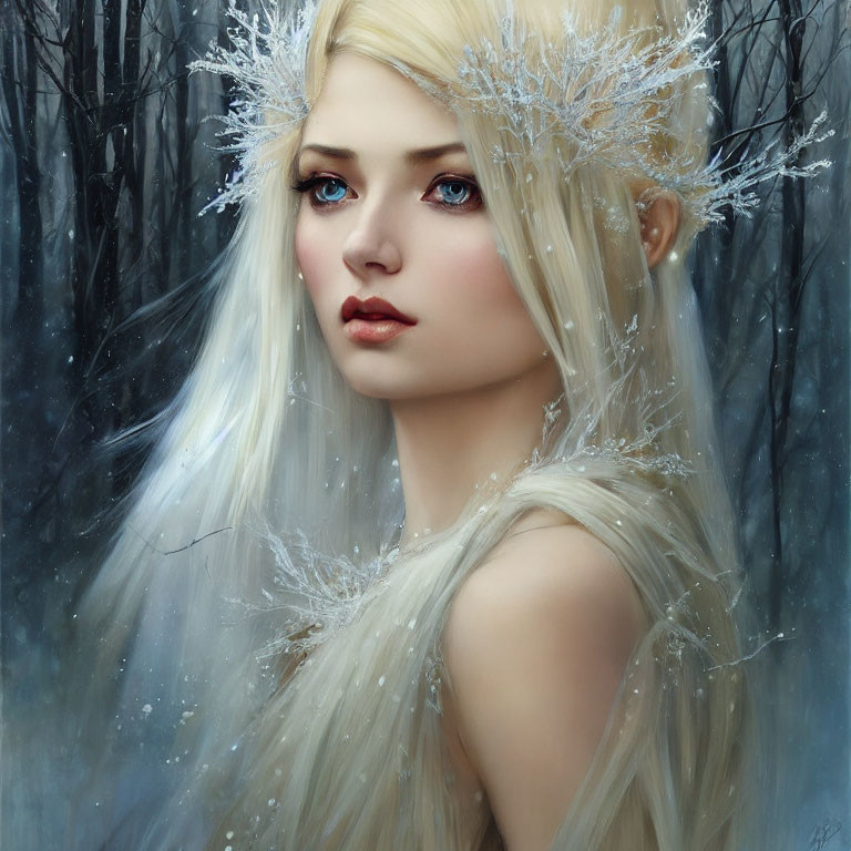 Fantasy illustration of pale woman with blue eyes in icy crown, against wintry forest